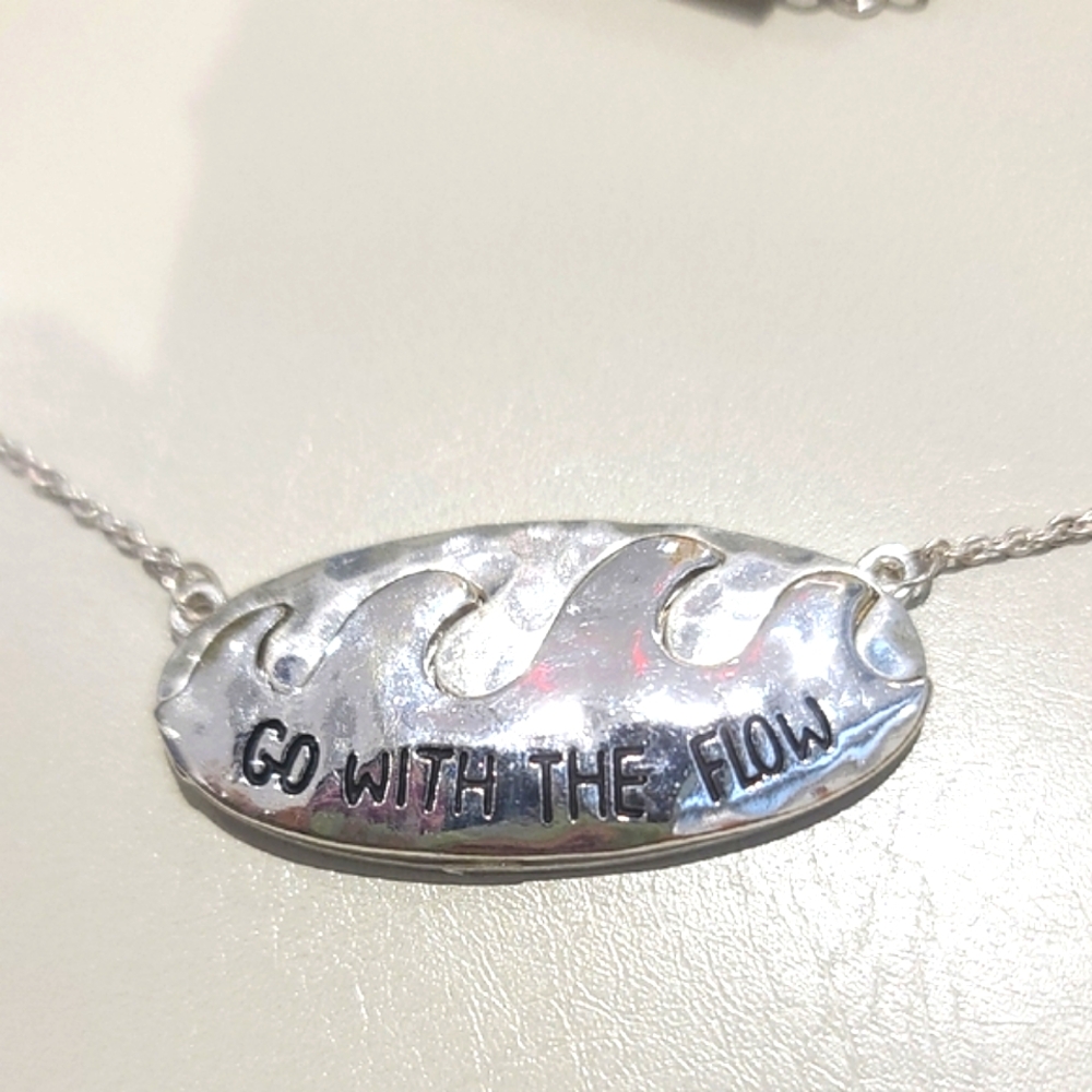 Silver wave, beachy or surfer pendant w chain. "Go With The Flow" of waves NWT. - Picture 3 of 7